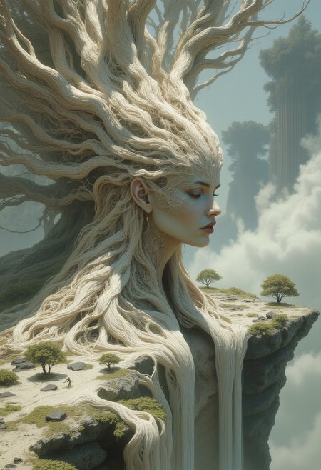 A surreal portrait of a tree goddess emerging from an ancient monolith of twisted roots and gnarled branches. Her face has high cheekbones, smooth porcelain-like skin with a soft glow, and pale, half-lidded eyes. Her long lashes and delicately arched eyebrows frame her serene expression.
Her hair seamlessly transitions into the white birch tree itself, forming a complex crown of white, intertwining branches that stretch upward. The branches have a polished, bone-like texture, curling and twisting into organic patterns. Her body is partially wrapped in bark-like tendrils that spiral around her torso, forming an intricate natural gown that blends into her surroundings.
Below her, a massive, weathered white birch tree trunk extends downward, with thick, gnarled roots twisting into the mist-covered ground. Small, bonsai-like trees sprout from rocky outcroppings embedded within the root system, their tiny leaves adding contrast against the pale landscape.
A dense mist blankets the lower part of the scene, partially obscuring the roots and drifting through the air. In the background, enormous ancient trees with skeletal branches rise through the fog, their silhouettes fading into the distance. The entire image is enveloped in a muted, desaturated color palette of soft whites, cool grays, and subtle earthy greens.
The composition presents her as seamlessly integrated with the massive tree, appearing both as a living figure and an extension of the forest itself.