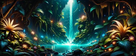 highly detailed mystical realism oil painting in the style of johan christian dahl and maurice sapiro, ancient, dark jungle brimming with life, an enchanted forest hidden deep in mystery, in the foreground, large, otherworldly plants with vibrant, exotic leaves and gorgeous unfathomable flowers edge a glowing azure pool, lush layers of vegetation framing the waterfallâs base, dark shadows fill the corners, the center scene features a narrow, bioluminescent waterfall cascading down a rugged, multi-tiered cliff, its gentle glow casting a faint blue-green light, thick, emerald moss covers the cliff, hinting at untold ages, in the background, the dense foliage extends into the shadows, punctuated by faint glows from hidden recesses, suggesting unseen life, a medium-wide shot with slight overhead perspective, capturing the waterfall, pool, and dense jungle foliage in a balanced, layered composition, dynamic chiaroscuro lighting, with warm dappled light filtering through the thick jungle canopy, soft, ethereal glow around the waterfall and pool, faint reflections off the vibrant plants, intricate textures and shadow detail, soft interplay between deep green shadows and luminous highlights, painting-quality detail, realistic contrasts, and rich color gradations, supernatural and unfathomable scenery, in the style of ck-ovf, <lora:image_enhancer-flux-by_dever:0.72> <lora:style-oneviolentfantasy-ep21-flux-by_chronoknight:1.0>