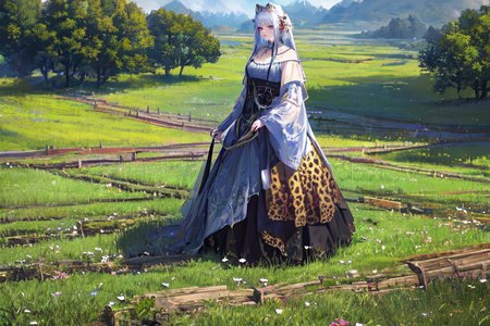 (otherworldly), highly insanely detailed, masterpiece, top quality, best quality, highres, 4k, 8k, RAW photo, (very aesthetic, beautiful and aesthetic), farm, fields, barn, fence, fantfa, <lora:FantasyFarm-10:0.5>, 
1girl, 
(leopard print hair ,multi_color_hair,multicolored hair,multi colored hair), 
(pure white background,transparent background),âââ