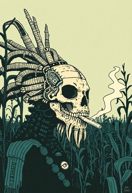 Anthro corn medusa monster wearing skull mask cult  and tribal corn shaman, tribal tattoo pointillism and engraving , by Jon Klassen, on corn fields , smoking cigarette, vector illustration superflat 2d linocut