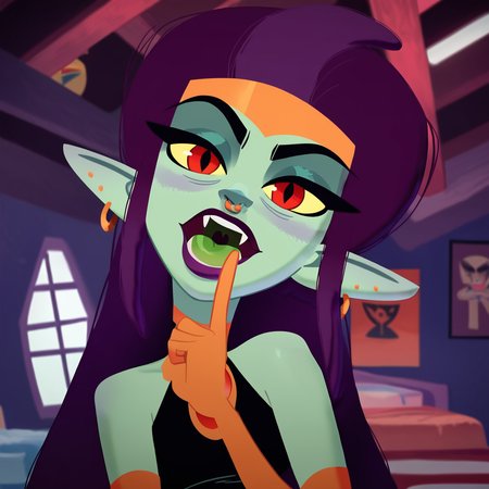 score_9, score_8_up, score_7_up, 1girl, colored skin, green skin, colored sclera, yellow sclera, red eyes, pointy ears, tiara, purple hair, purple lips, tongue out, middle finger, large breasts, narrow waist, wide hips, jewelry, nose piercing, looking at viewer, highres, high quality, masterpiece, <lora:Agatha:1>