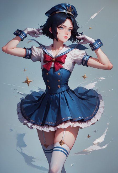 score_9, score_8_up, score_7_up, 1boy, femboy, otoko no ko, short hair, bob cut hair, black hair, grey eyes, gray eyes, feminine face, toned body, Shelly, Jed-Salr, Navy Blue Mini Dress, White Trim,  White Sailor Collar,  Nautical Stripes,  White Thigh-High Stockings, Sailor Hat,  White Gloves, Sailor Cuffs, White Petticoat, highly detailed, intricate, zzCitronCAT, pose, modelshoot, solo