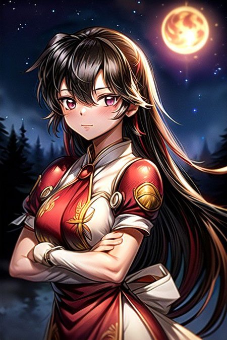 best quality 1girl Setsun4 solo long hair,  (night time) forest background black hair very long hair purple eyes multicolored hair armor, small, (fur trim) (medium body),<lora:EMS-179-EMS:0.800000>,<lora:EMS-293862-EMS:0.800000> bow, hair_bow, hair_tubes, red_bow, brown_hair, long_hair, bangs, ascot, frilled_bow, yellow_ascot, blush, smile, hair_between_eyes, athletic, armor, miko, ,(((intricate outfit,intricate clothes,embroidered outfit,ornate outfit,embroidered clothes,ornate clothes))), strengthmda, crossed arms,