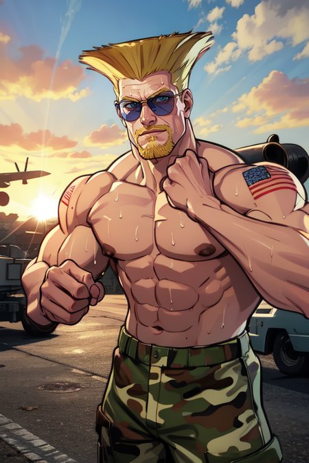 Guile, blond hair, flattop,  beard,  shoulder tattoo,  muscular,  looking at viewer,  sunglasses, 
camo pants,   topless male,  sweat,  
Air Force Base, morning, outdoors,  sun, 
upper body,   
(insanely detailed, beautiful detailed face,beautiful detailed eyes, masterpiece, best quality) ,smile, solo, 
 <lora:Guile-10:0.7>