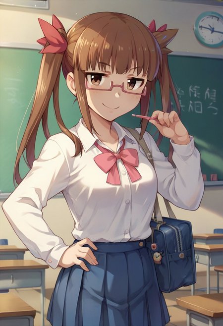 score_9, score_8_up, score_7_up, source_anime,ikebukuro akiha, brown hair, brown eyes, twintails long hair, semi-rimless eyewear, pink-framed eyewear, 1girl, solo, school uniform, bag, smile, hand on hip, classroom