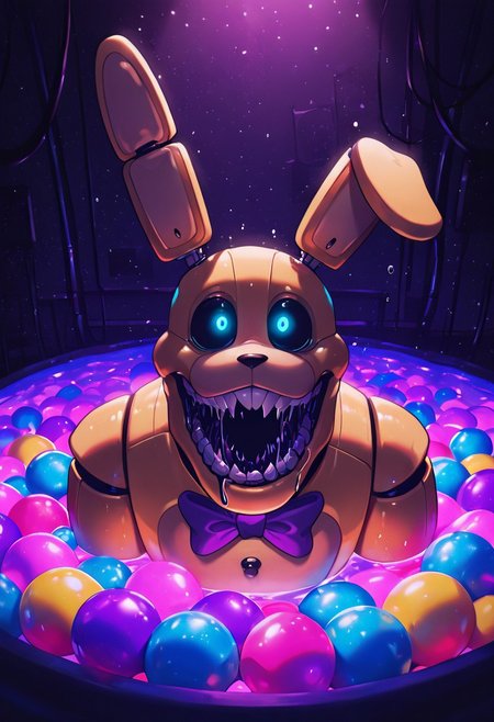masterpiece, best quality, amazing quality, very aesthetic, absurdres, newest, detailed background, foreground blur, (( )),
springbon, teeth, rabbit ears, blue eyes, black sclera, purple bowtie, sharp teeth, animatronic, robot joints,, 1boy, smile, big head, big mouth, wide head, wide face, drooling,, massive head,
submerged, in ball pit, colorful ball pit, dark room, no lights, glowing pupils, upper body,
