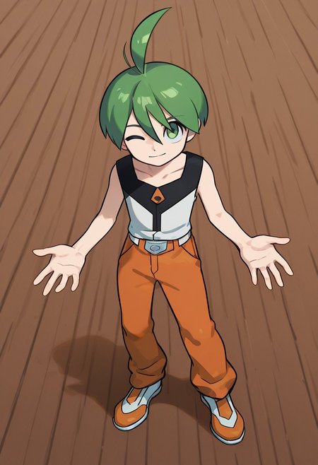 1 boy, aaron, green eyes, green hair, ahoge, black sleeveless shirt, orange pants, white with orange shoes, belt<lora:EMS-380018-EMS:1.000000><lora:ghost-pose-ponyxl-lora-nochekaiser:1>, looking up,cowboy shot,from above, looking at viewer, wink,feet emphasis, composition, visual focus