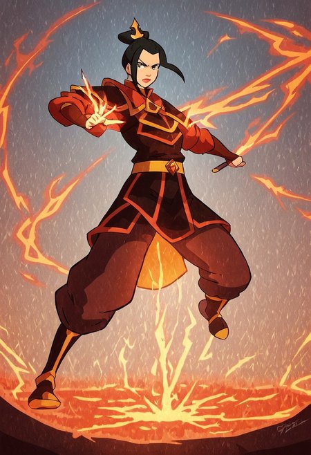 Azula, the fierce and cunning firebender, stands confidently at the center of the scene, wielding a bolt of lightning in her hand. Her eyes are sharp and intense, reflecting her unwavering determination and strategic mind. She is dressed in her traditional Fire Nation armor, which glows with shades of deep red and black, accented by golden details. Her long, dark hair flows behind her like a trail of smoke, subtly moving as if stirred by an unseen breeze. The background is a dramatic, volcanic landscape under a blood-red sky, with molten lava flowing across jagged rocks and plumes of dark smoke rising into the air. Blue flames dance around her, highlighting her unique firebending abilities and adding a contrasting, electric blue hue to the predominantly warm color palette. The atmosphere is charged with tension and raw power, as Azula embodies the dangerous and unpredictable force of fire and lightning. Her stance is both regal and intimidating, conveying a sense of control and command over the elements she wields. The image should be rendered in maximum ultra-high-definition quality, with detailed textures and ultra-realistic lighting to capture the glow of the flames, the sharpness of the lightning, and the intensity of the scene. The special effects should emphasize the crackling energy of the lightning and the heat of the flames, creating a dynamic 8K high-definition image with realistic lighting to enhance the dramatic and powerful atmosphere.