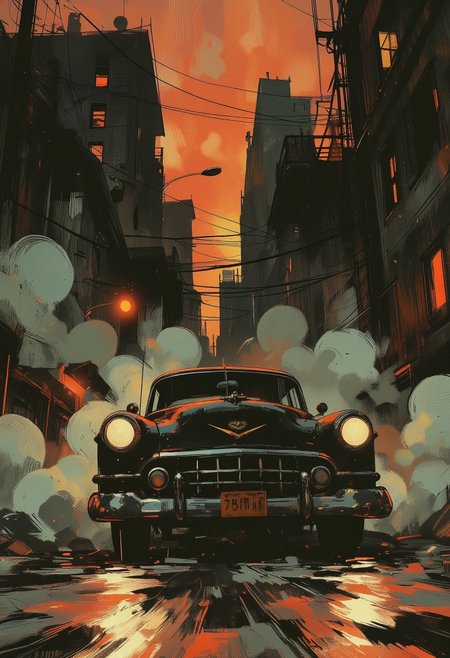 San francisco streets, gangsters, black cadillac , OBxiaoxiang, Special Ink-drawing mode, animeniji, Mh1$AgThS2, 2D flat anime, cartoon-style, intricate linework with expressive contrasts, soft lighting with dynamic highlights, WLOP