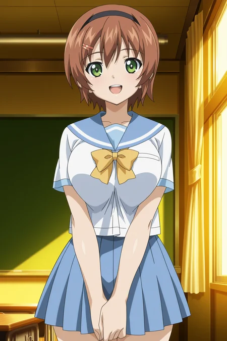 anime screencap, anime coloring, detailed face, masterpiece, best quality, very aesthetic, absurdres, volumetric lighting, official style, amazing quality, ultra detailed,  highres, amazing quality, scenery, beautiful detailed hair, beautiful detailed eyes,
<lora:Rin_x_Sen_+_Ran-Sem:1>
in a classroom,
Kaho Mizushima (character), 1girl, solo, school uniform, large breasts, brown hair, green eyes, black hairband, short hair, skirt, serafuku, cowboy shot, yellow bow, looking at the viewer, smile, :D