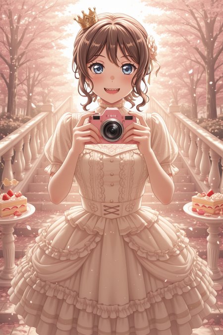 masterpiece, best quality, amazing quality, 1girl, solo, makeup, general, looking at viewer, blush, highres, cowboy shot, birthday, cake, strawberry shortcake, smile, sharp teeth, holding camera, stairs, railing, falling petals, macaron, cake slice, tiered tray, outdoors, <lora:Yamabuki_Saaya_Ban_Dori:1>, Yamabuki_Saaya_Ban_Dori, blue eyes, brown hair, short hair, hair flower, hair ribbon, bow, breasts, sidelocks, frilled dress, layered dress, multicolored dress, mini crown, hair ribbons, <lora:wai-2Rectified-V140:1>, <lora:illustrious_noobai_epsilon_pred_1_masterpieces_v1:1>