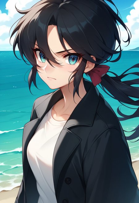 <lora:ogin_pony_v1-000070:1>, grpogn, black hair, 1girl, black coat, long hair, sea, ocean,, score_9, score_8_up, score_7_up, score_6_up, score_5_up, score_4_up, source_anime,