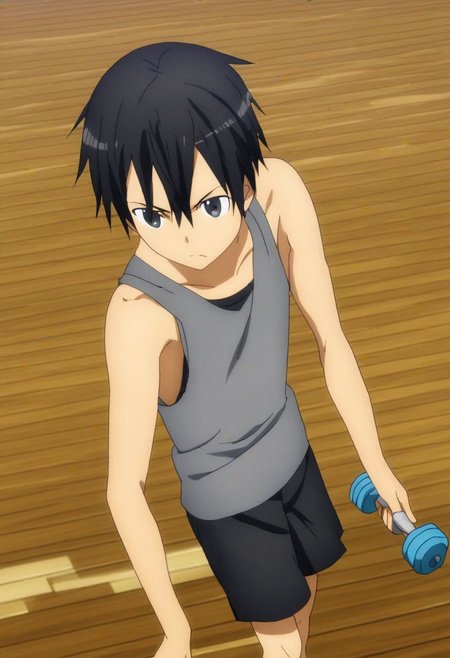 high resolution, professional photography, solo, best quality, 1Boy, Kazuto Kirigaya, Black Hair, Black Eyes, Gym Boy, tank top, shorts, exercise, gym, OverallDetail