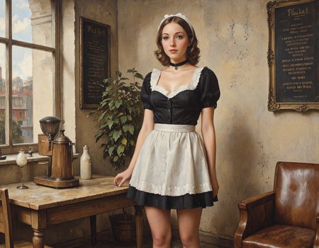 Rembrandt style Disney Classic This photograph captures a young woman in a provocative maid outfit standing confidently in a cozy, modern cafe. She has fair skin, wavy brown hair, and a slim yet curvy physique with medium-sized breasts. She is wearing a black, low-cut maid uniform with white lace trim, a short white apron, and black thigh-high stockings. The outfit is accentuated by a white headband and a black choker around her neck. Her expression is sultry, with her lips slightly parted and eyes gazing directly at the camera., 
The cafe setting features light wooden furniture, including a large wooden coffee machine on a wooden table to the left of her, and a brown leather armchair to the right. Behind her, a large window allows natural light to flood the room, revealing a blurred view of a cityscape outside. On the wall behind her, a blackboard menu is partially visible, listing dishes in French. A potted plant adds a touch of greenery to the scene. The overall ambiance is warm and inviting, with a blend of modern and rustic elements., <lora:Mezzotint_Artstyle_for_Flux_-_by_Ethanar:0.5>, <lora:Soviet_Era_AHS:0.5>, Soviet_Era_AHS, <lora:NormanRockwellFlux:0.5>, <lora:Viktor Vasnetsov:0.6>, by Viktor Vasnetsov, <lora:Fff:1> . Animation, fairy tales, musical numbers, expressive characters, bright colors, detailed, professional . Baroque, chiaroscuro, realistic, emotional, "flat lighting