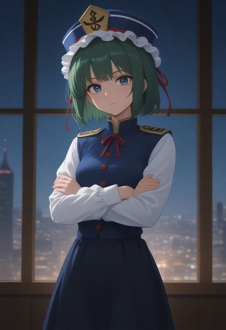 1girl, solo, solo focus, highres, absurdres, shikieiki, green hair, frilled hat, blue eyes, blue headwear, short hair,
long sleeves, black skirt, white shirt, blue vest, red ribbon, epaulettes, small breasts, 
looking at viewer, crossed arms,
window, cityscape, neon lights, night, night sky, backlighting,
