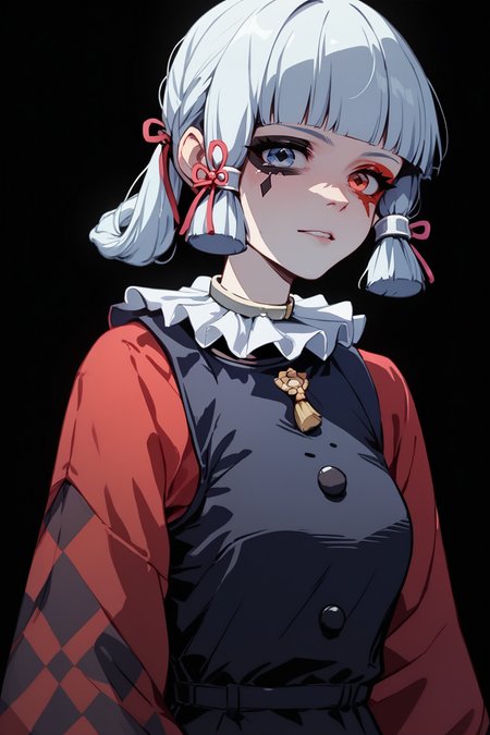 score_9, score_8_up, score_7_up, 
<lora:Muff_PDXL-000000:1>, 1girl, split-color hair, half red half black color hair, two colors rhombic makeup, solo, 
kamisato ayaka, 1girl, neck ruff, ruffled collar, two colors argyle sleeve, red sleeve, black romper, 
cowboy shot, adult girl, 21 y.o., teen, <lora:Sinozick_Style_XL_Pony:1> sinozick style, dark theme, flat color, black background,