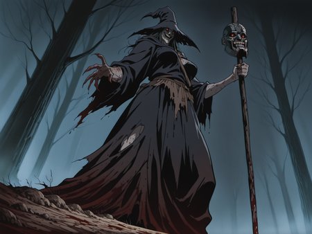 huge old ugly female witch in the dark dead forest, witch, smiling, blood, dirt, fog, night, old torn clothes, iron mask, horror theme, monster, solo, from below, side view, solo
, animation artstyle, <lora:ScrollDIL:0.8>, masterpiece, best quality, amazing quality, flat colors