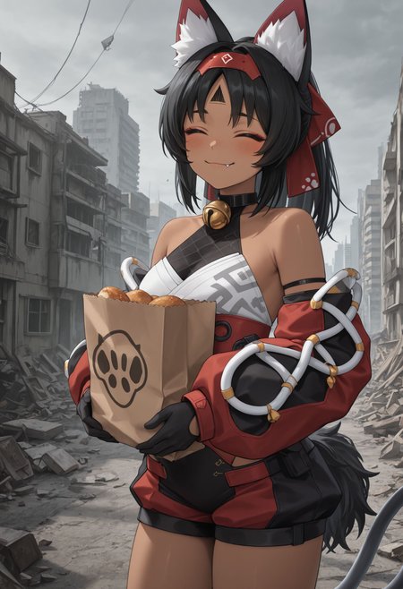 masterpiece,best quality,absurdres,highres,very aesthetic,high quality,detailed,insanely detailed,beautiful, , (realistic:0.5), solo, 1girl
outdoors, grey sky, city, abandoned, debris, two toned jacket,  red jacket,
<lora:Nekomiya illu:1>1girl, animal ears, closed eyes, forehead mark, fang, neck bell, holding bag, tail,   animal ear fluff, paper bag, bare shoulders, facial mark, smile, black hair, detached sleeves, food, black gloves, dark-skinned female, hairband, dark skin, jingle bell, blush, collar