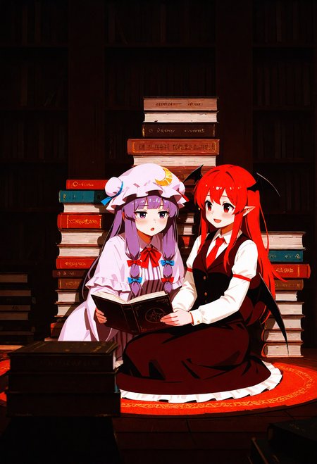 <lora:SDXL\Illustrious\yun_ling.safetensors:0.8:1.0> <lora:SDXL\Illustrious\ComfyUI_itercomp_00001_.safetensors:1.0:1.0> <lora:SDXL\Illustrious\ponyv6_noobV1_2_adamW-000017.safetensors:0.6:1.0>shy, blush, side smile,focal point,dynamic pose,patchouli_knowledge, koakuma, long_hair, blush, open_mouth, bangs, multiple_girls, shirt, red_eyes, long_sleeves, hat, dress, bow, ribbon, 2girls, sitting, purple_eyes, hair_ribbon, purple_hair, hair_bow, sidelocks, red_hair, wings, necktie, pointy_ears, striped, wide_sleeves, looking_at_another, :o, vest, red_bow, book, capelet, mob_cap, bat_wings, looking_up, red_necktie, crescent, head_wings, purple_dress, holding_book, hat_ornament, crescent_hat_ornament, book_stack BREAK very awa,masterpiece, best quality, amazing quality, very aesthetic, absurdres,  year 2024, year 2023,
