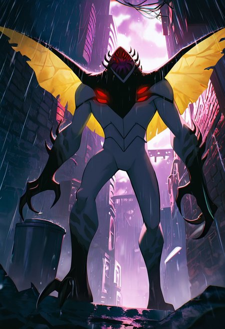 masterpiece, best quality, amazing quality, very aesthetic, absurdres, newest,, detailed background, 
highbreed, extra eyes, solo, alien, white skin, purple face, , monster, red eyes, black hands, , claws, black head spikes, white body,
wings, yellow wings, night city, rtx, in back alleyway, tall,, brick walls, missing posters, from below, heavy rain, bray sky, foreground blur, trashcans, bins, messy alleyway, cinematic, movie scene, bladerunner 2049,