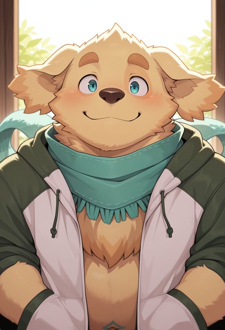 masterpiece, best quality, amazing quality, 1boy, solo, CuTas, Scarf, Jacket, upper body, smile