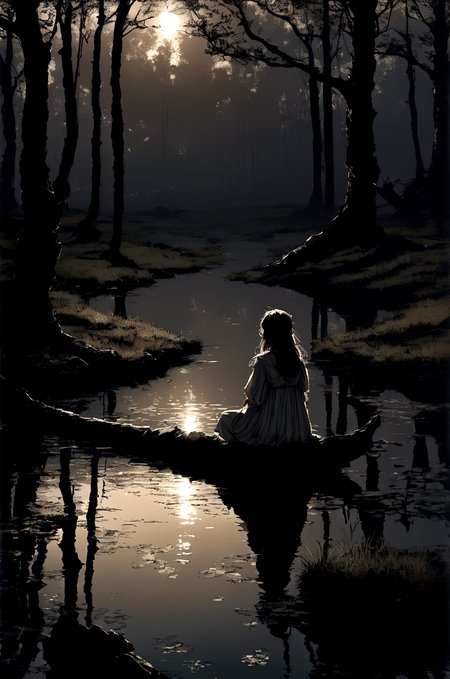 young girl sitting by a river, solo, long hair, dress, sitting, outdoors, water, from behind, tree, night, moon, nature, scenery, forest, reflection, dark, ripples, lake, absurdres, masterpiece, 8k, high detail, intricate, best quality