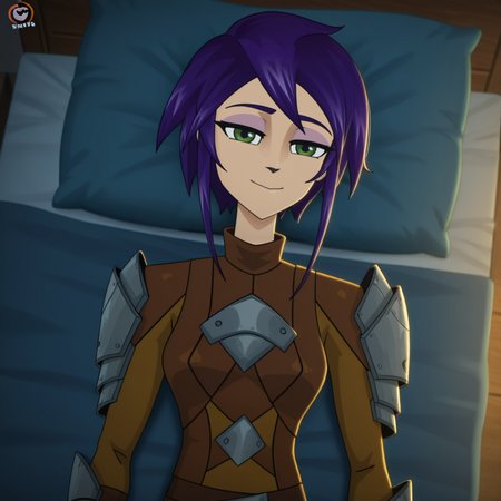 1girl, solo,
absurdres, high quality, masterpiece, anime screencap, 8k, absurd res, cinematic lighting,
detailed face, smile,
lying in bed, night, dark, bedroom,  sleeping,
from above, 
 <lora:Starling:1> starlingsh, purple hair, green eyes, fingerless gloves, armor