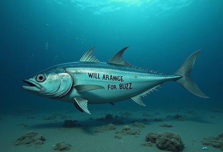 Imagine "WILL ARRANGE DEAD FISH FOR BUZZ" written in dead tuna fish on the bottom of the ocean floor.