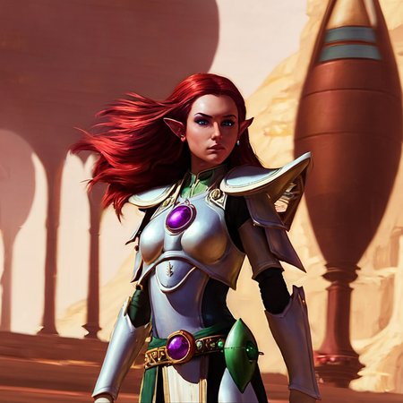 <lora:aeldari_xl_5:1> aeldari, asuryani, banshee, aeldari's armor, aeldari's shoulder armor, 1girl, solo, long hair,  purple eyes, full body, weapon, red hair, pointy ears, elf, gauntlets, pauldrons, breastplate