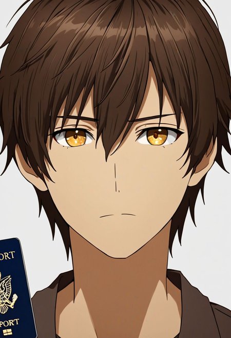 Highres, Masterpiece, High Quality, 4K, 8K, solo, 1Boy, Seiya Kanie, short dark brown hair, golden eyes, Shirt, passport_photo_style, looking at viewer, focused gaze forward, plain background, straight body, head upright, easynegative, detailed_eye_model