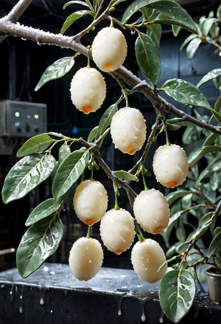 a somewhat realistic photo, White wax kumquats hanging from a branch, something is sightly off, uncanny, green tinted fluorescent lighting, highly detailed background, background of generic electronics, dark factory interior, White wax melting background