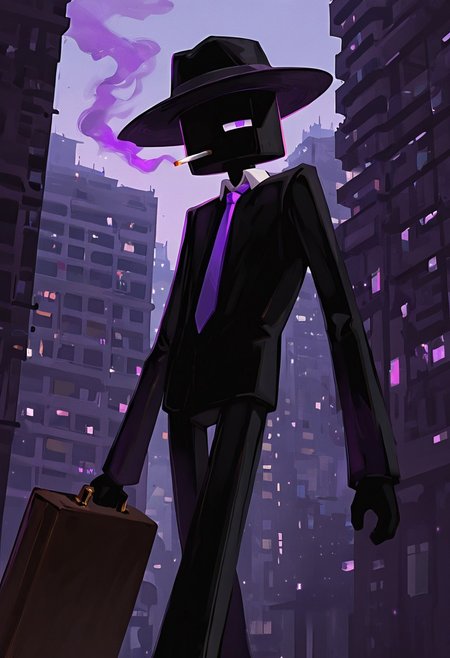 masterpiece, best quality, amazing quality, very aesthetic, absurdres, newest, , detailed background, 
klskx
enderman, no humans, purple eyes, rectangle eyes, , solo, male focus, black skin, no mouth, square head, square body, black head , pokemon (creature), 
purple necktie, city, holding briefcase, black fedora, fedora, fedora over one eye, smoking, cigarette, purple smoke,