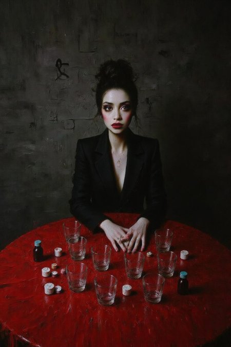 talo1 painting.
Create a cinematic, surreal portrait of a woman seated at a cluttered red table, surrounded by mirrored reflections of herself. She wears intense red eye makeup that accentuates her expressive gaze. The scene is filled with translucent glass cups, pill containers, and small bottles, all creating an eclectic and moody atmosphere. Smoke rises around her, adding a dreamlike quality, while a wallpaper of hand-drawn symbols or calligraphy fills the background. The lighting is muted and soft, emphasizing a reflective and introspective mood with a retro, film-noir style <lora:talo1_cap_d6a3e15:1.0><lora:828773945034535763:0>