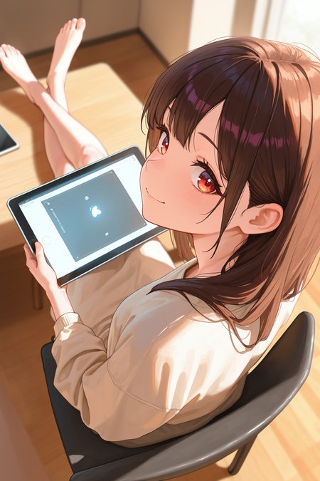 masterpiece, best quality, absurdres, safe
1girl, sitting, outstretched legs, feet on table, crossed ankles, full body,
looking at viewer, on chair, foreshortening, from above, looking back, depth of field, 
smile, holding, ipad,
<lora:outstretched_legs_il_2_v2_final:1>