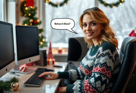 Masterpiece, 32k, photo realistic, office workspace with a little Christmas decorations, semi side view, beautiful European woman, 35 years old with perfect big brown eyes, looks happy, sits at her desk, looking at viewer, she wears a golden necklaces, Christmas sweater, jeans, makeup, and jewelry. She is a natural beauty with a our glass figure and is very attractive and sexy. A few of her beauty features are red lips, toned body, seductive smile, cute face. She has blond wavy hair. Her sexy female contour is clearly visible. A few wrinkles and laugh lines give her face a extra natural appearance. She is looking at viewer and is sitting at her clear desk with only two computer screens and a keyboard. A background windows shows that it is winter, it snows outside. There is one speak bubble : "Bonus in Buzz ?".