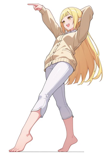 Smooth Quality,masterpiece,very intricate, high quality details, ultra realistic, high detailed skin,detailed enviorement,absurdres,
pointing at another,solo,
 <lora:Rune_Noma_CNR:0.8> rune_cnr, pointy ears, blonde hair, long hair, yellow eyes, blunt bangs, elf,, simple background, white background, from below,
stretching, arms up, tiptoe, arched back, elegant,  ,, :d,, cardigan,  ,smoking jacket,  ,capri pants,  ,