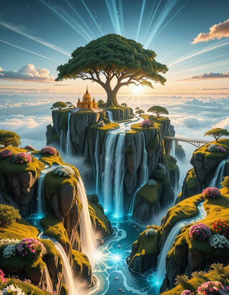 A mesmerizing celestial background featuring an otherworldly paradise. Towering crystalline mountains with peaks that glow softly under a sky painted in shifting hues of iridescent blues, pinks, and golds. Rivers of liquid light flow through vast, open meadows filled with luminescent flowers that pulse with a gentle glow. Gigantic, translucent trees with silver leaves sway in a breeze that carries floating particles of golden dust. Suspended bridges made of shimmering energy connect ancient, floating monoliths engraved with intricate celestial patterns. In the distance, an enormous radiant waterfall cascades into a bottomless, mist-covered abyss, reflecting the surrounding ethereal glow. A tranquil atmosphere, untouched and divine, filled with an overwhelming sense of wonder and serenity.
<lora:SDXLFaeTastic2400:0.4> <lora:extremely_detailed:0.4> extremely detailed,heavenly l4ndsc4p3, <lora:heavenly_l4ndsc4p3-i:1>, Masterpiece,best quality,hi res,8k,hi res,8k,award winning,(sharp focus, intricate, highly detailed),