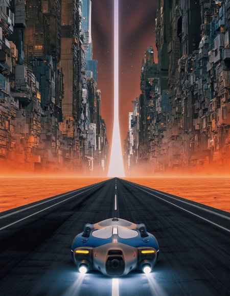 By Paul Chadeisson. A digital illustration shoot from a far camera angle about a futuristic cityscape with a futuristic vehicle in the middle of the image, set against a backdrop of towering skyscrapers and a glowing cityscape. the scene is set in a futuristic, sci-fi environment, with a long, empty road stretching out into the distance, casting a warm, orange glow over the scene. in the foreground, a large, round, metallic vehicle with a sleek, futuristic design is positioned in the center of the frame, with its headlights shining brightly on the road. the vehicle appears to be a small, sleek, metallic object with a blue and white color scheme, and it is facing the viewer. the road stretches out in front of the vehicle, creating a sense of depth and perspective. the cityscape behind the vehicle is filled with tall, metallic structures and towers, illuminated by a soft, warm light that casts a glow on the surrounding environment. the overall effect is one of a stunning, futuristic, cyberpunk scene, with the image exuding an air of mystery and adventure.