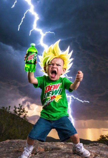 A young boy is holding a 2 liter of Mountain Dew soda pop in one hand and a cake in the other hand. He is going super saiyan and beams of light are shooting out of his eyes as he screams at the sky. The background is stormy with dramatic bolts of lightning and candy:1.4 falling from the sky