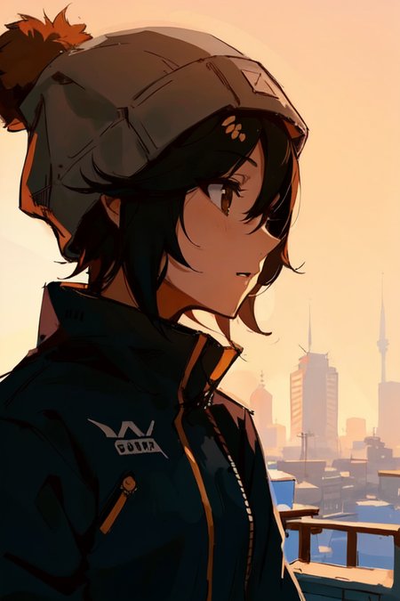 best quality, masterpiece, original, highres, illustration,   (((front light))), day time, sunny aesthetic wallpaper, amazing, beautiful, 1girl, solo, honey skin,  short hair, black hair, winter, beanie, outside, blizzard, upper body, cybercity background, cyberpunk