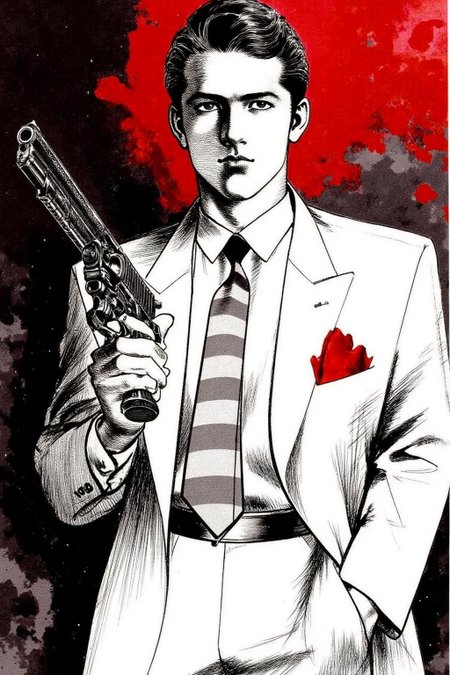 1keryo illustration. 
The image depicts a stylized illustration of a person holding a gun. The individual is dressed in a formal suit with a white jacket and a striped tie. A red pocket square is prominently displayed in the breast pocket of the jacket. The overall style of the artwork is reminiscent of classic noir or gangster themes, often associated with mid-20th century American cinema. The use of black and white with a splash of red adds to the dramatic and intense atmosphere of the scene. <lora:1keryo1_cap_d6a3e12:1.0><lora:826549388198312422:0>