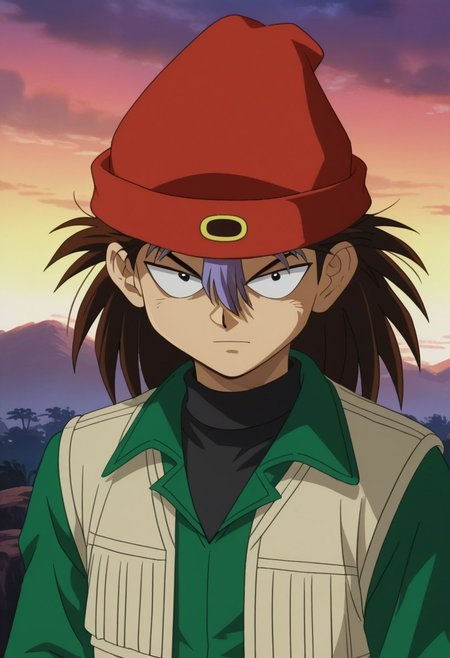 score_9, score_7_up, source_anime
ryuzaki, 
1boy, male focus, solo, black eyes, brown hair, long hair, multicolored hair, two-tone hair, brown hair, purple hair, hair between eyes, hat, beanie, red headwear, shirt, black shirt, turtleneck, green shirt, collared shirt, vest, brown vest, open vest, open clothes,
outdoor, sky,