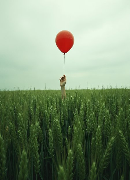 Hyper-realistic photograph of a vast, lush green wheat field stretching to the horizon under an overcast sky. A single, vibrant red balloon floats above the field, its string held by a lone human hand reaching up from within the tall grass. The wheat stalks are rendered in exquisite detail, each blade distinct and swaying slightly in an unseen breeze. The sky is a muted, pale gray, creating a stark contrast with the vivid green of the field and the bold red of the balloon. Soft, diffused lighting emphasizes the texture of the wheat and the smooth surface of the balloon. The composition is simple yet surreal, with the bottom two-thirds filled by the dense wheat field and the top third dominated by the expansive sky and floating balloon. The human hand adds an element of mystery and scale to the scene. Every detail is captured with photographic precision, from the individual grains of wheat to the subtle sheen on the balloon's surface