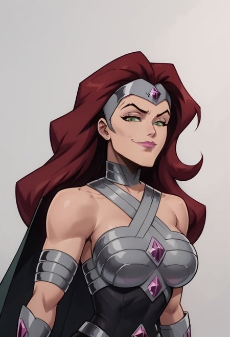 simple background, solid color background, white background, 2d, 1girl, masterpiece, best quality, extreme detail, hourglass figure, wide hips, round boobs, medium breasts, mature female, 2d, solo, 1girl, Circe, red hair, long hair, headgear, green eyes, pink lips, armor, silver armor, vambraces, armlets, purple gems, leotard, black leotard, crotch curtain, black loin cloth, cape, black cape, bare shoulders, thigh highs, bare thighs, bare hands, pink fingernails,
 close up, upper body, side view, bubble butt, looking at viewer, bent forward, smug expression, smirk, closed mouth,