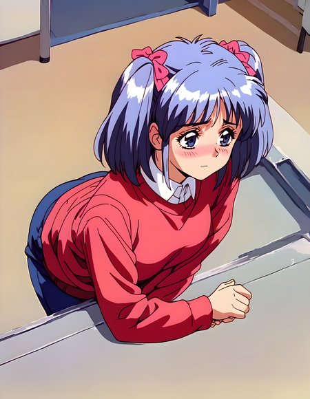 <lora:pony_xl_chipple:0.9>,chipple,score_9,score_8_up,score_7_up,source_anime,best quality,masterpiece,super fine illustration,1girl,solo,red sweater,long sleeves,standing,bent over,shy,blush,upper_body,bent over,