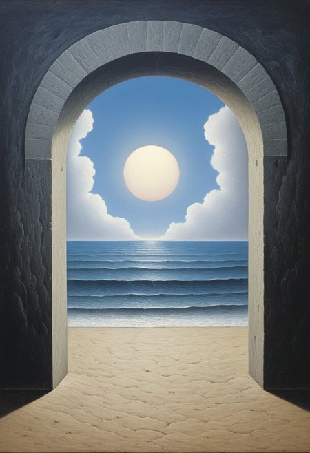 Celestial Ocean Gateway:
A majestic stone archway opens onto a surreal ocean with a swirling vortex sky and glowing sun at the center, crashing waves, ancient temple architecture, dramatic light shafts, mist and shadows around the gate, mythic and dreamlike atmosphere
Style tags: Surrealist art, Rafal Olbinski, René Magritte, Jean Arp, Frida Kahlo, Jan van Eyck, William Hogarth, Pierre-Auguste Renoir, Xidong Luo, Kazimir Malevich