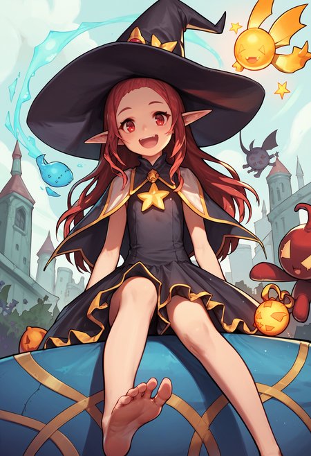 score_9,score_8_up,score_7_up,score_6_up,source_anime,<lora:Dungeon_And_Fighter_XL>,1girl,(close-up:1.5),sitting,from below,open mouth,magical girl,pointy ears,red hair,long hair,red eyes,happy,flat chest,(feet:1.1),witch hat,multicolored dress,frills,toys,magic,cityscape,