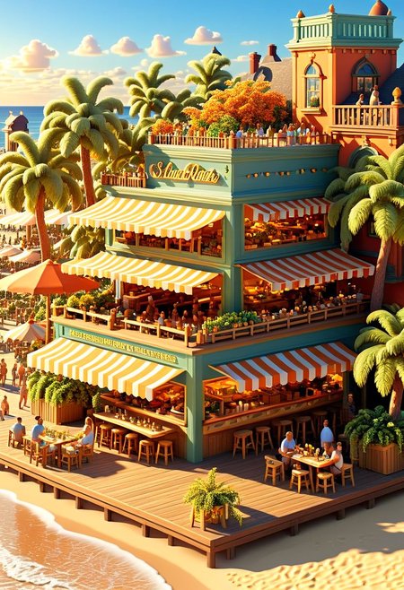 ispzxll, diorama, isometric, miniature, beach scene, boardwalk, market stands, restaurant, bar, golden hour, long shadows, volumetric lighting style, pedestrian crowds, mature trees, intricate details, potted plants, ultra-detailed, 8k, fluffy clouds and setting sun in background