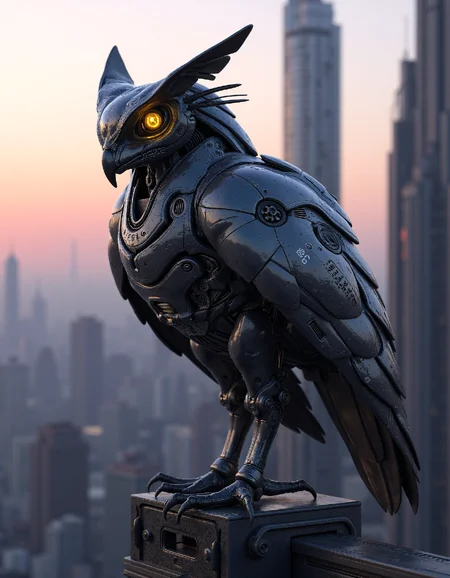 Photorealistic image of a sleek, futuristic owl robot with intricate chrome feathers, yellow glowing neon eyes and advanced sensor arrays, perched atop a towering cyberpunk cityscape at twilight, ultra-detailed