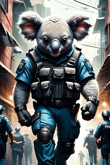 Detailed digital illustration of an anthro Koala (Holding hands tenderly, expressing connection) at a Hovering police drones patrolling dark alleys, <lora:xl_more_art-full_v1:0.5>,  <lora:anthro_muscular:0.7>,  <lora:MJ52:0.6>, <lora:madpunk:0.4> madpunk